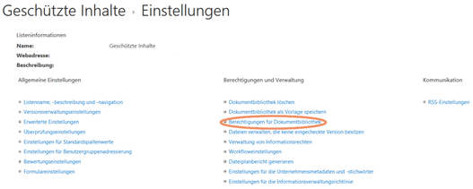 Screenshot Einstellungen der geschützten Inhalte in der SharePoint-Bibliothek