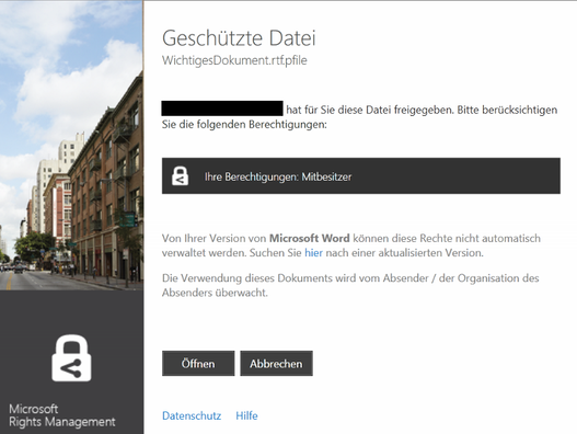 Screenshot Anzeige der Zugriffsrechte für eine generisch geschützte Datei in der RMS-Freigabeanwendung
