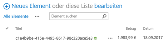 Screenshot fertige Nintex Form im Einsatz Anzeige der Daten in der Liste 