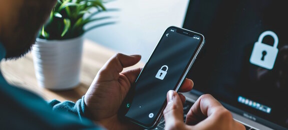 Man holds Smartphone with Lockscreen in hands. Business Laptop in Background, Security, Digital,