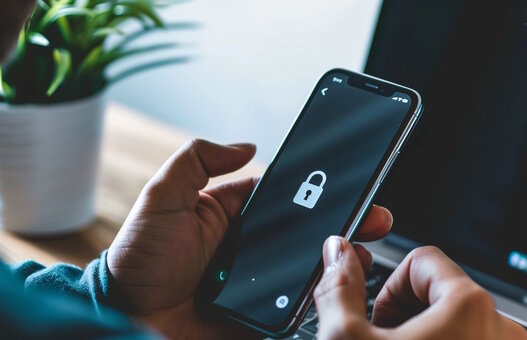 Man holds Smartphone with Lockscreen in hands. Business Laptop in Background, Security, Digital,