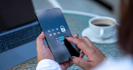 Phone password lock for mobile cyber security or login verification passcode in online bank app. phone with a password to access a smartphone, security threats online, and fraud