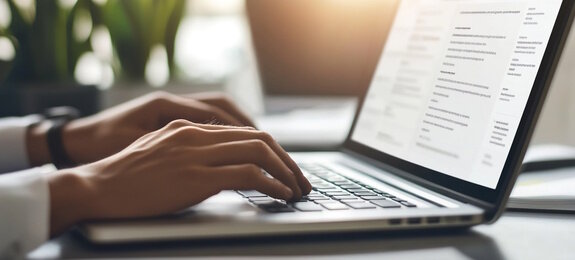 Person, hands and typing on laptop in office for email, spreadsheet and proposal or application for work. Woman, online and technology with bokeh for task or drafting, writing notes and report. 