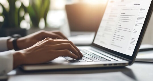 Person, hands and typing on laptop in office for email, spreadsheet and proposal or application for work. Woman, online and technology with bokeh for task or drafting, writing notes and report. 