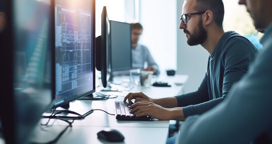 Man at computer, software developer working on coding script or cyber security in bright modern office