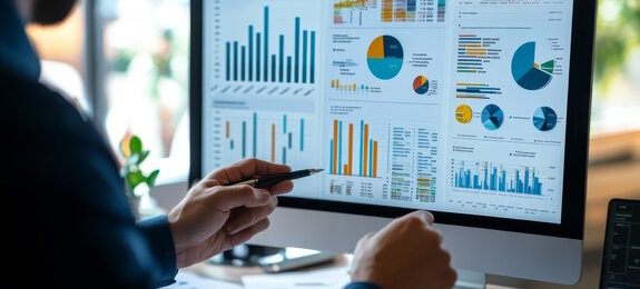 Business finance data analytics male worker analyzing graphs and charts on computer screen