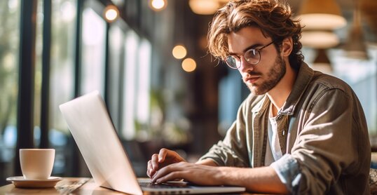 Young man working on laptop, boy freelancer or student with computer in cafe at table looking in camera. Model by AI generative