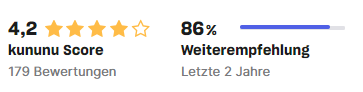 Screenshot des Kununu Score von 4,2 und der Weiterempfehlungsrate von 75 Prozent