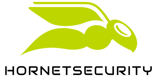 Logo der Firma Hornetsecurity mit dem Firmennamen als Schriftzug in schwarz und einer stilisierten Hornisse in grün