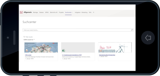 Suchcenter im Teams der Müller Frauenfeld AG geöffnet auf einem Smartphone