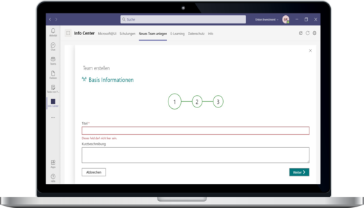 Laptop mit der aufgerufenen Übersichtsseite um ein neues Team in Microsoft Teams anzulegen