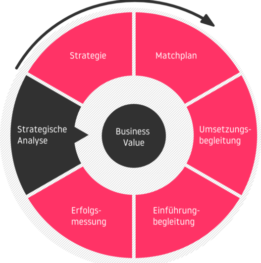 Die unterschiedliche Phasen der Beratung mit dem Business Value im Zentrum: Strategische Analyse - Strategie - Matchplan - Umsetzungsbegleitung - Einführungsbegleitung - Erfolgsmessung