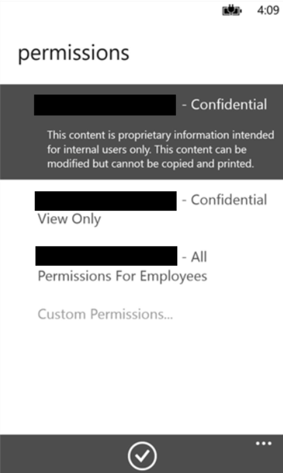 Screenshot Zugrif​fsberechtigungen in der RMS-Freigabeanwendung für mobile Geräte