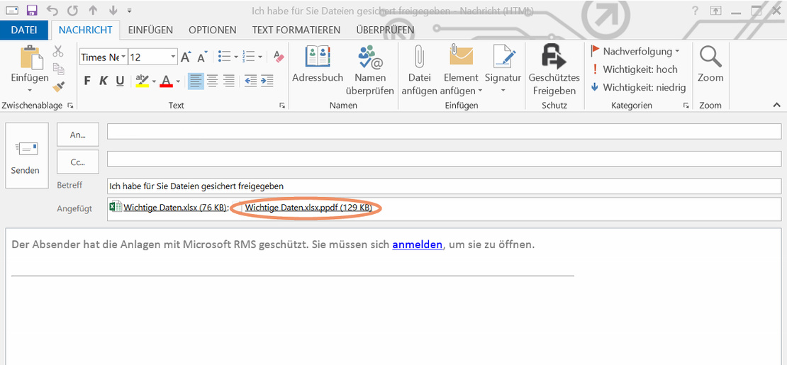 Screenshot Versenden einer mit der RMS-Freigabeanwendung geschützten Datei mit Outlook
