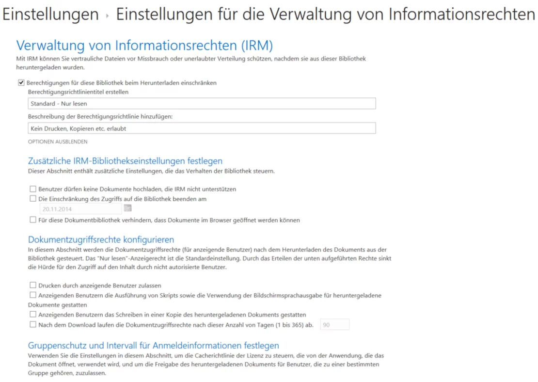 Screenshot Einstellungen der Informationsrechteverwaltung für eine SharePoint-Bibliothek