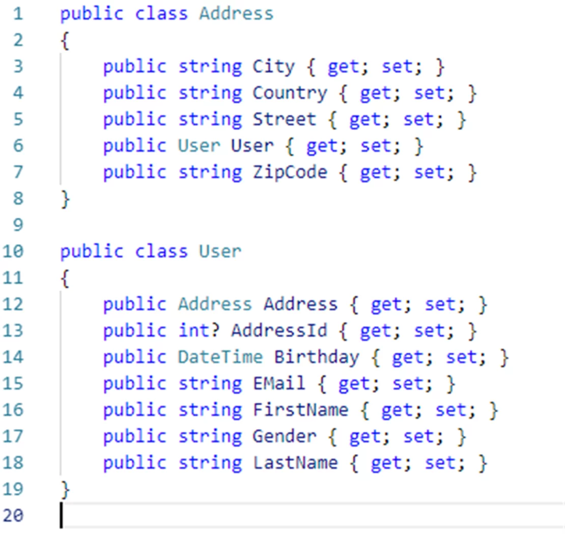 Screenshot User und Address Klasse mit Eigenschaften