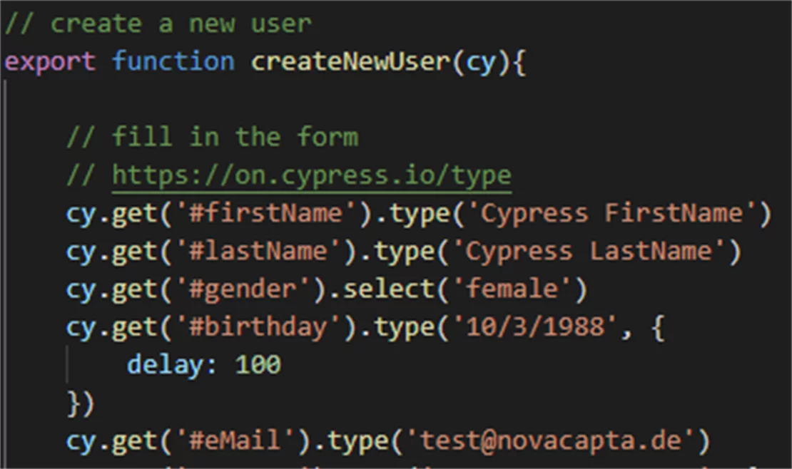 Schreiben eines Cypress-Tests: Screenshot Funktion createNewUser(cy)