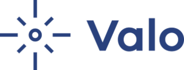 Logo der Firma Valo in blau mit Signet und Schriftzug 