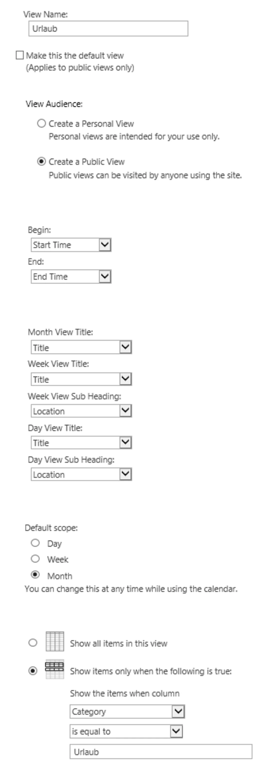 Screenshot  SharePoint Kalender für jede Kategorie eine eigene View erstellen
