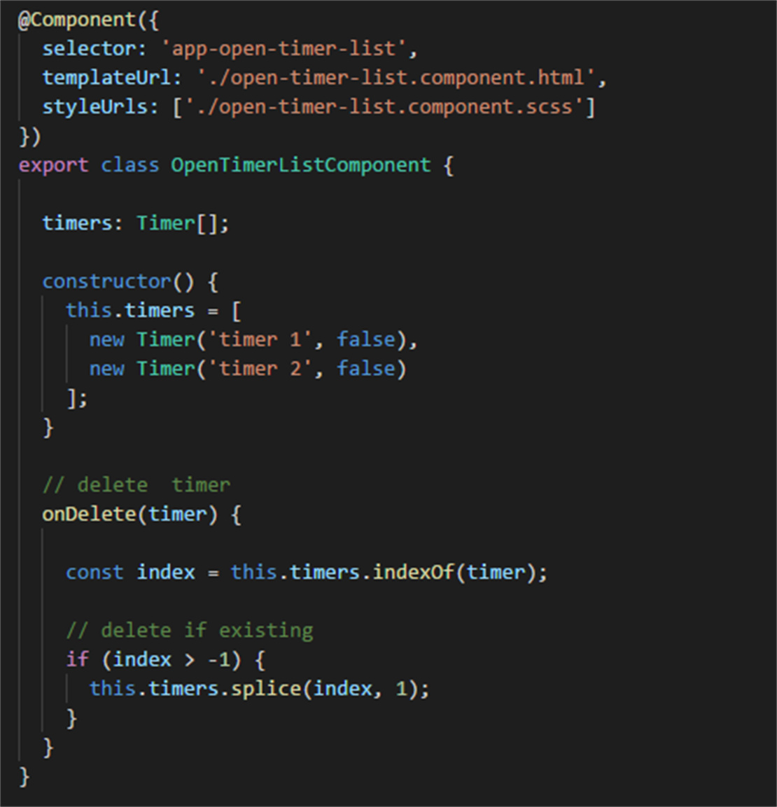 Screenshot Code: Aufbau „open-timer-list“-Komponente 