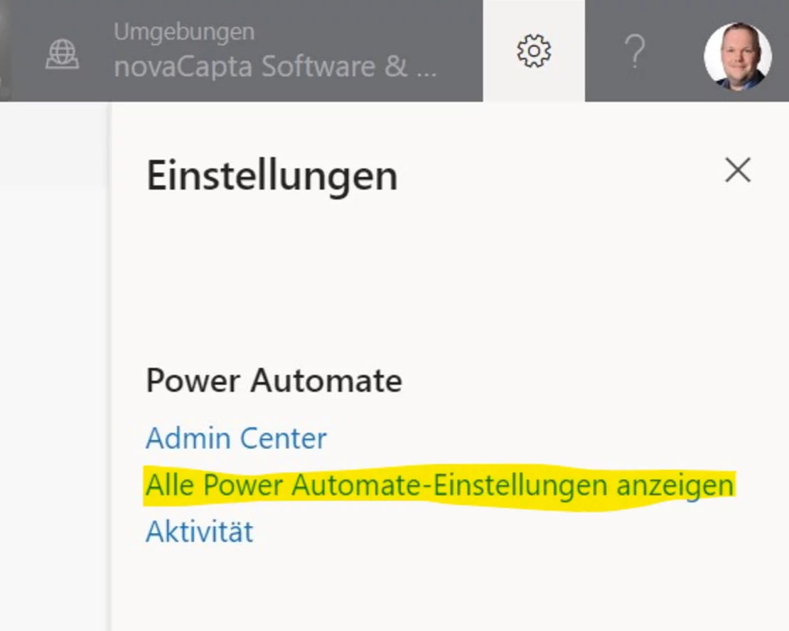 Screenshot Power Automate Einstellungen 