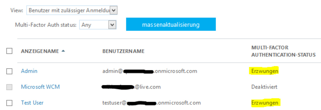 Screenshot Übersicht Admin und Test User bei Multi Factor Authentication (Azure und SharePoint)