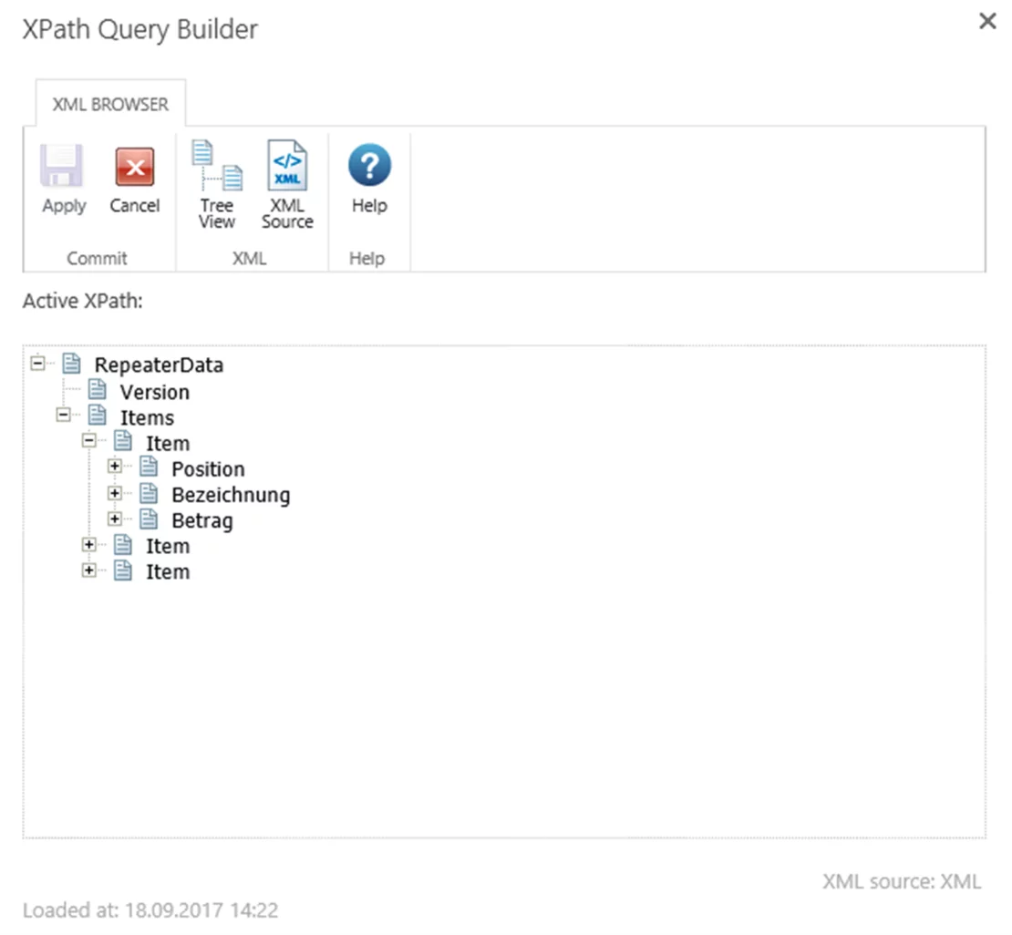 Screenshot XML-Abfrage Daten in Nintex Workflow im XPath Builder auslesen